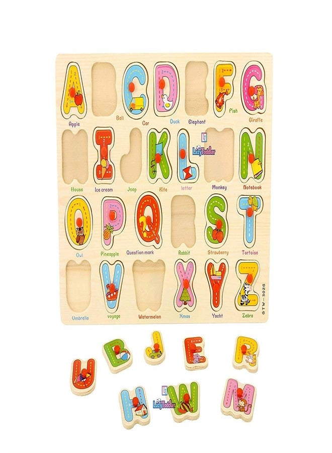 جيرن لوحة حروف أبجدية خشبية تعليمية للأطفال من ArtBee مع مقبض، صينية حروف كبيرة من الألف إلى الياء للأطفال الصغار - Image 5